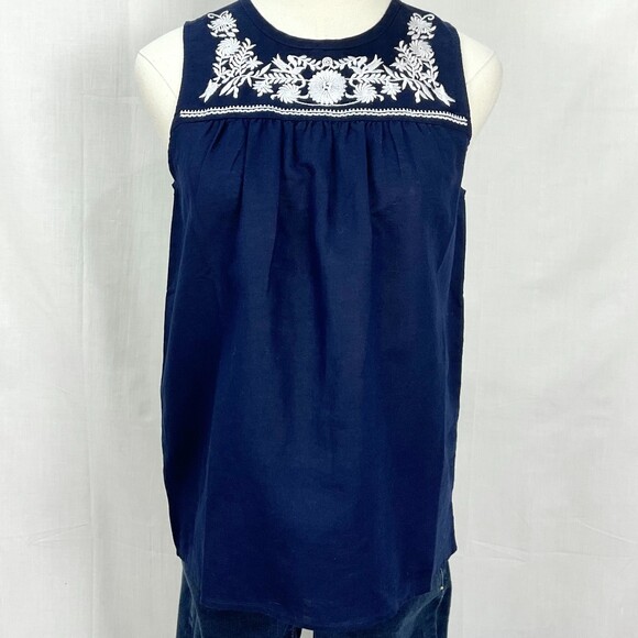 J. Crew Sleeveless Navy Top Linen Embroidered Shirt Peasant Top Sz 0 New - Picture 1 of 4